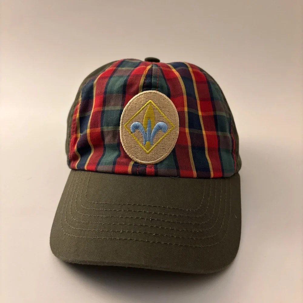 VTG Y2K Kids OSFM Boy Scouts Plaid Patch Baseball Hat Olive Green
